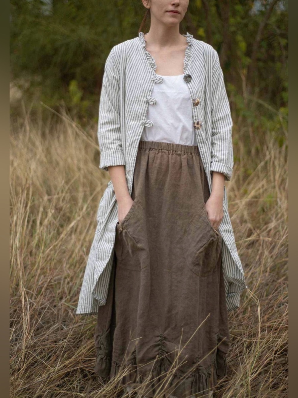 Heart’s Desire by Mary Grace Cordelia Easy Duster Stripe Tan Linen Lagenlook S